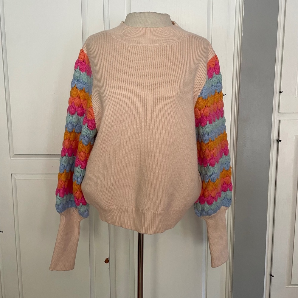 THML Pink‎ Mock Neck Sweater Statement Colorful Striped Balloon Sleeve Knit